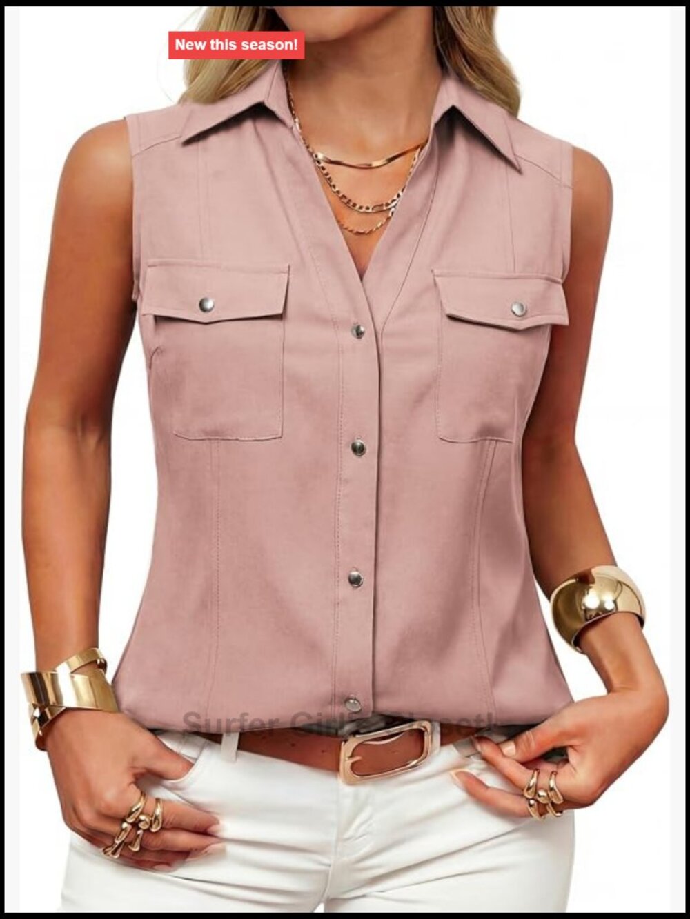 Womens Sleeveless V-Neck Button Down Shirt Blouse Business Casual Work Top